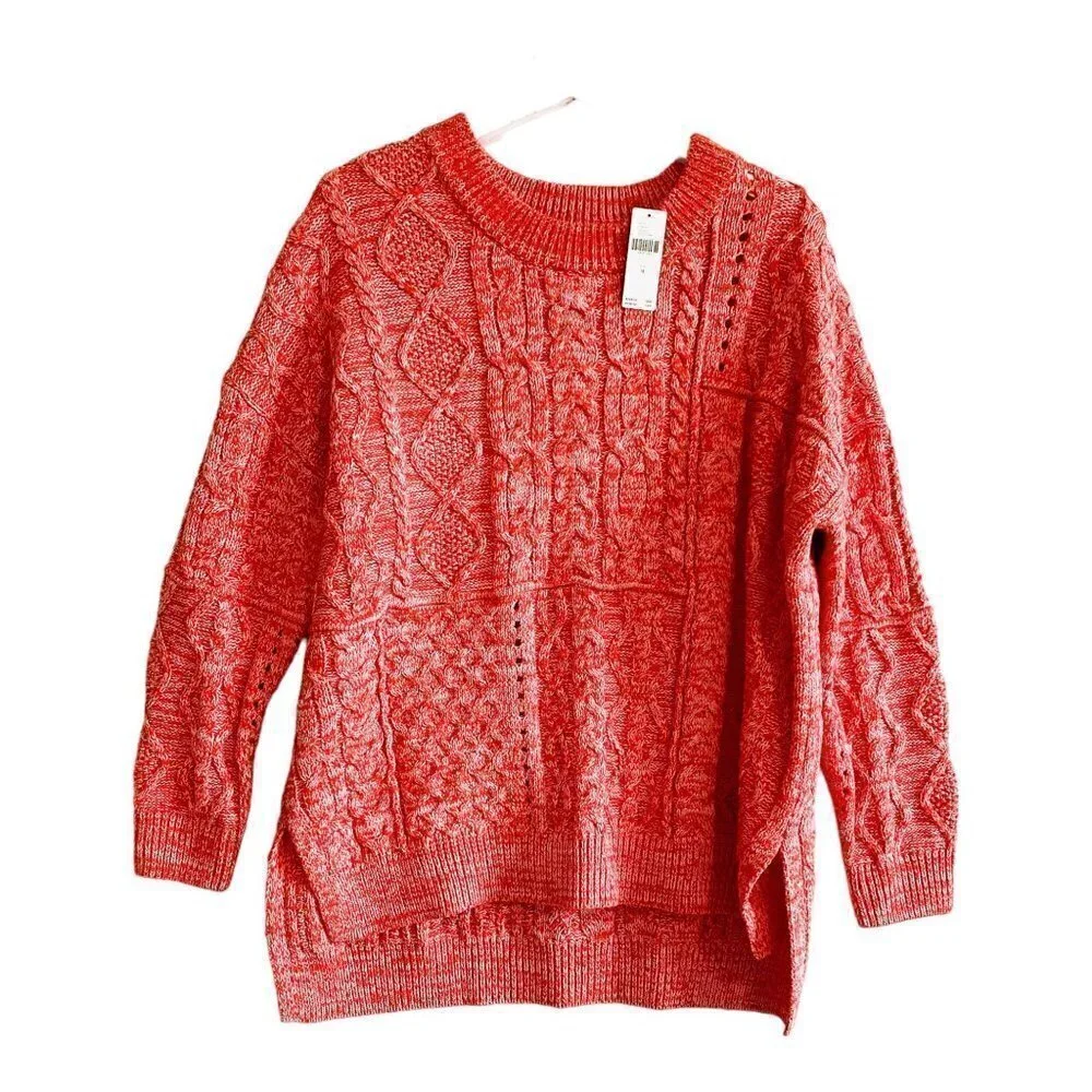 NWT‎ Anthropologie Pilcro Jasmine Cable-Knit Tunic Sweater, marled red, size M